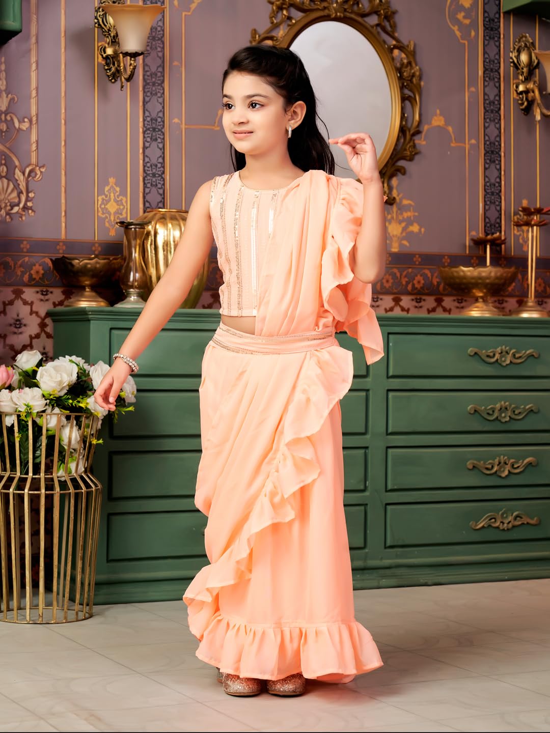 Aarika Girls Ethnic Wear Peach Colour Sequin Embroidery Georgette Lehenga Choli Set With Attached Dupatta-4-13 Years (LCH-SHM-50