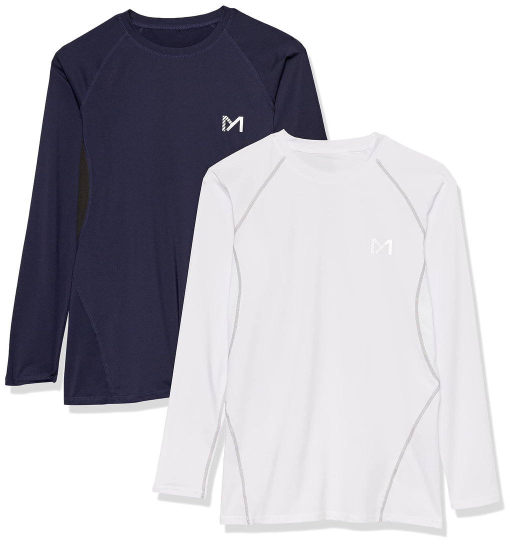 MEETYOO Men's Compression Long Sleeve Athletic Workout Shirt, White+Blue, X-Large