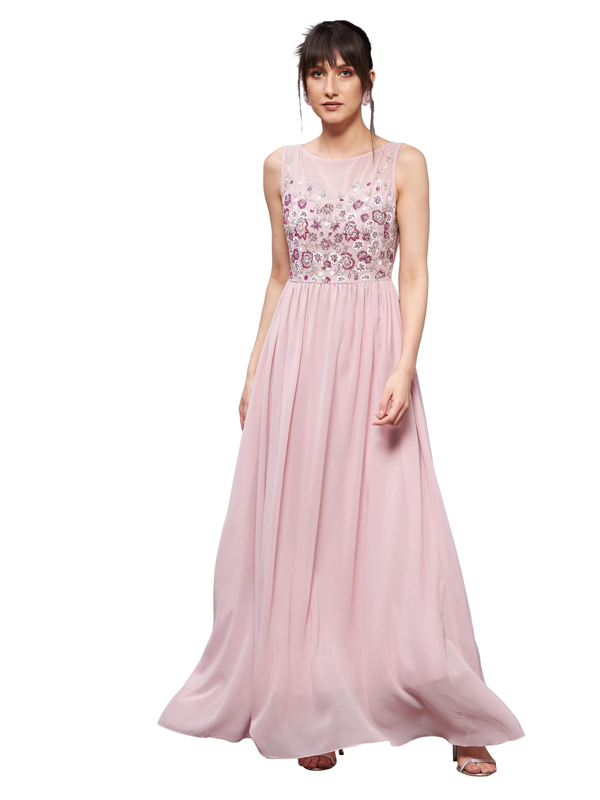 Miss Chase Womens Boat Neck Sleeveless Embellished Regular Dress (MCSS24D97-51-234-06, Pink, XL)