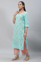 Aurelia Blue Floral Printed Printed Cotton Straight Long Kurta with Lace