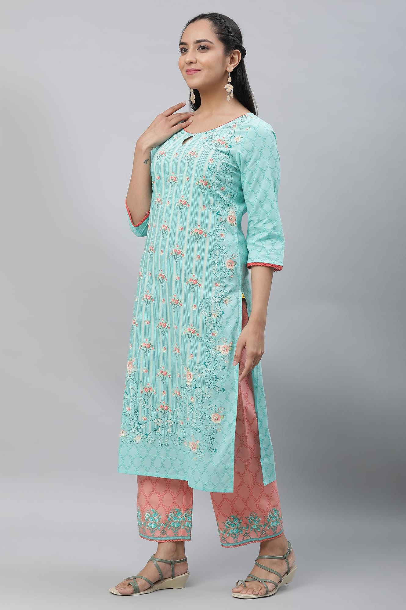 Aurelia Blue Floral Printed Printed Cotton Straight Long Kurta with Lace