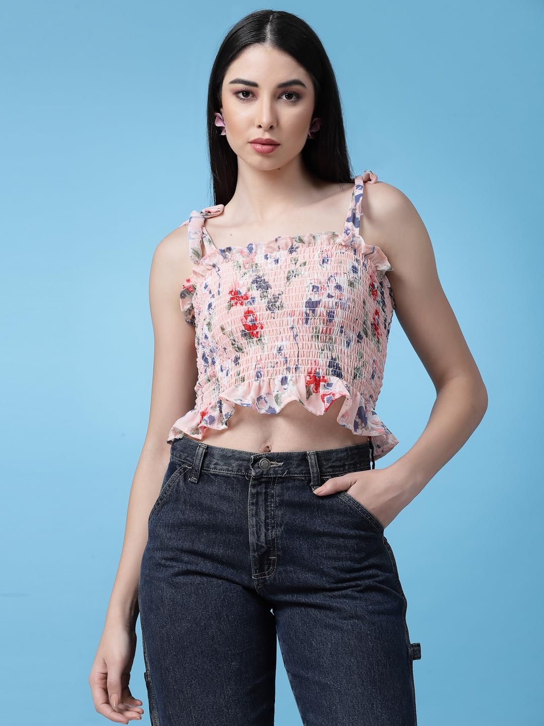 OOMPH! Sleeveless Floral Crop Tops for Women Western, Orange - mt606