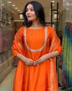 ANNI DESIGNER Ladies Silk Blend Straight Embroidery Kurta with Trousers and Dupatta, Orange, XXL