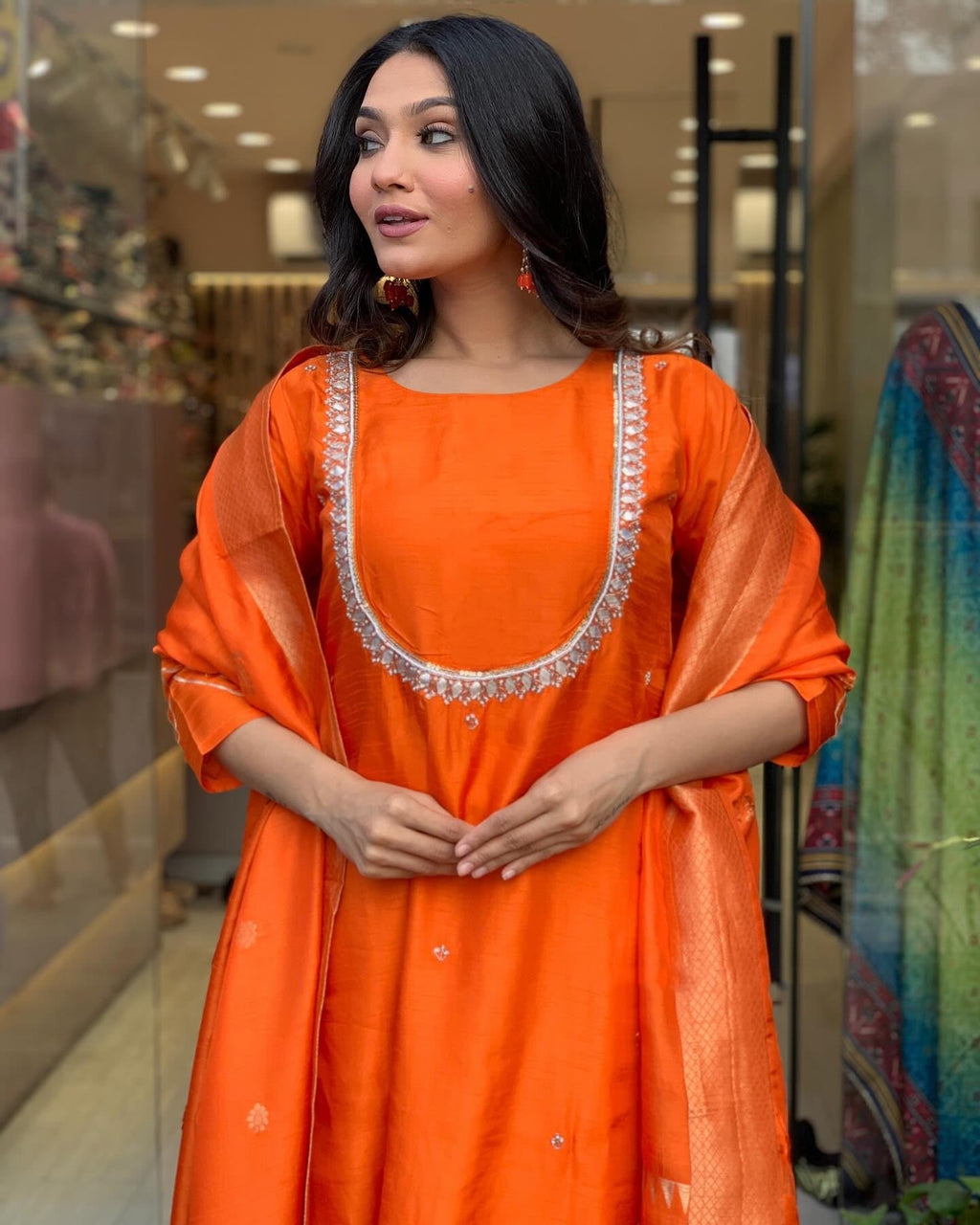 ANNI DESIGNER Ladies Silk Blend Straight Embroidery Kurta with Trousers and Dupatta, Orange, XXL