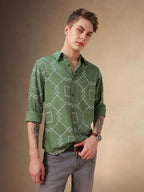 Dennis Lingo Men Green Abstract Print Cotton Relaxed Fit Full Sleeve Shirts