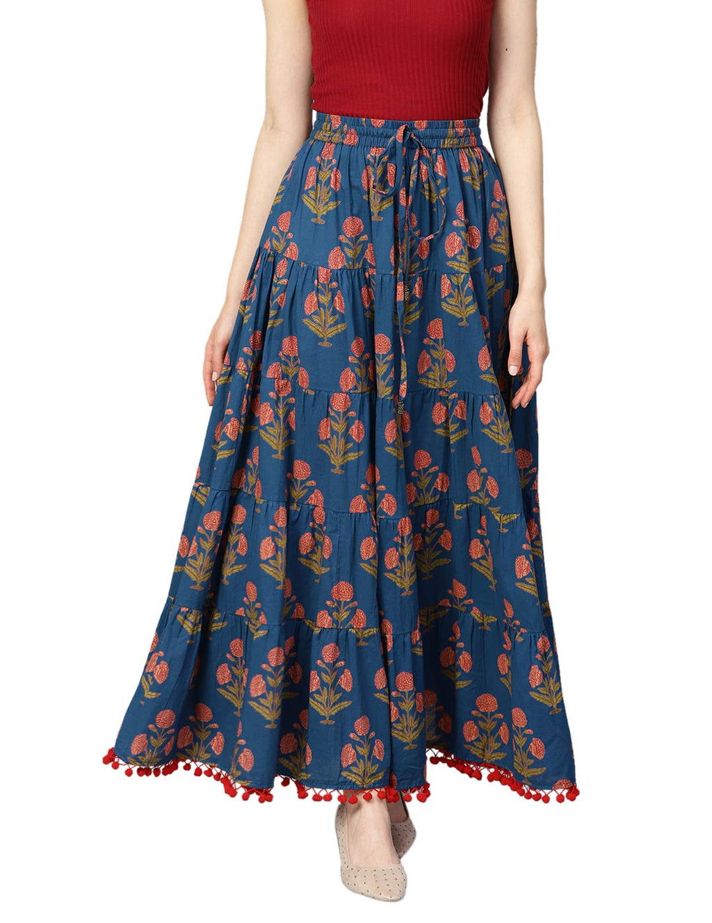 Varanga Blue Floral Printed Tiered Skirt with Drawstring and Tassels at Waist Band with pom-pom lace at Hemline