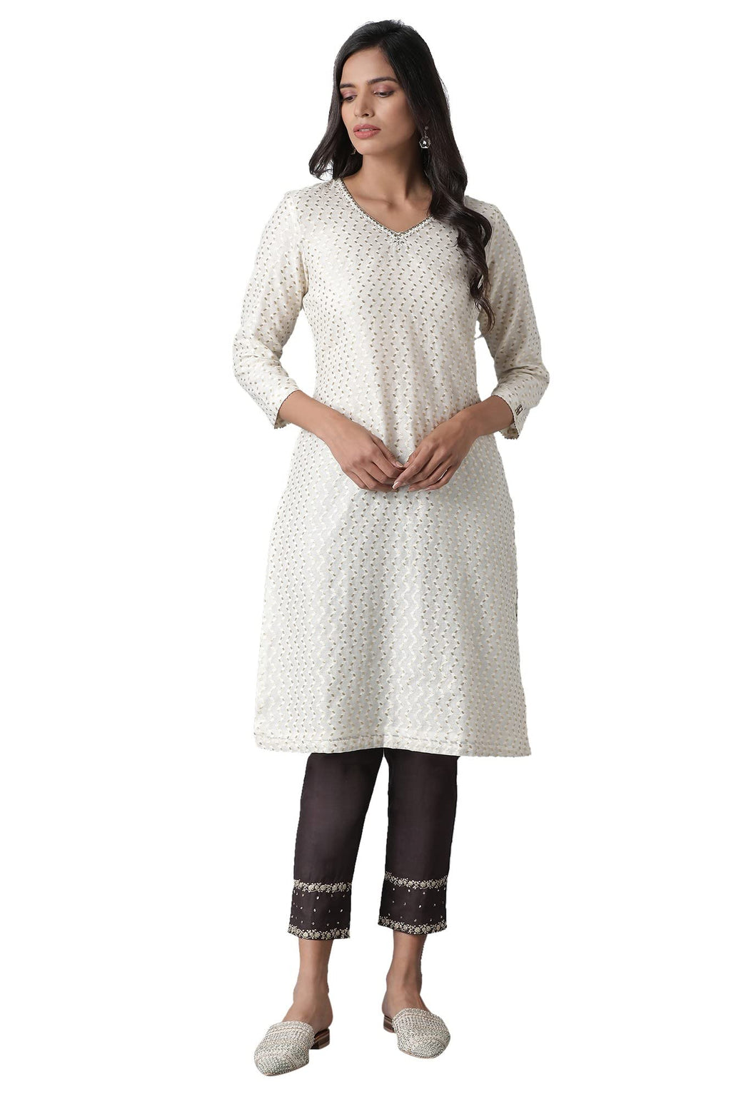 W For Woman Folksong By W V-Neck Kurta Y/D 42 L 3/4Th Slv White
