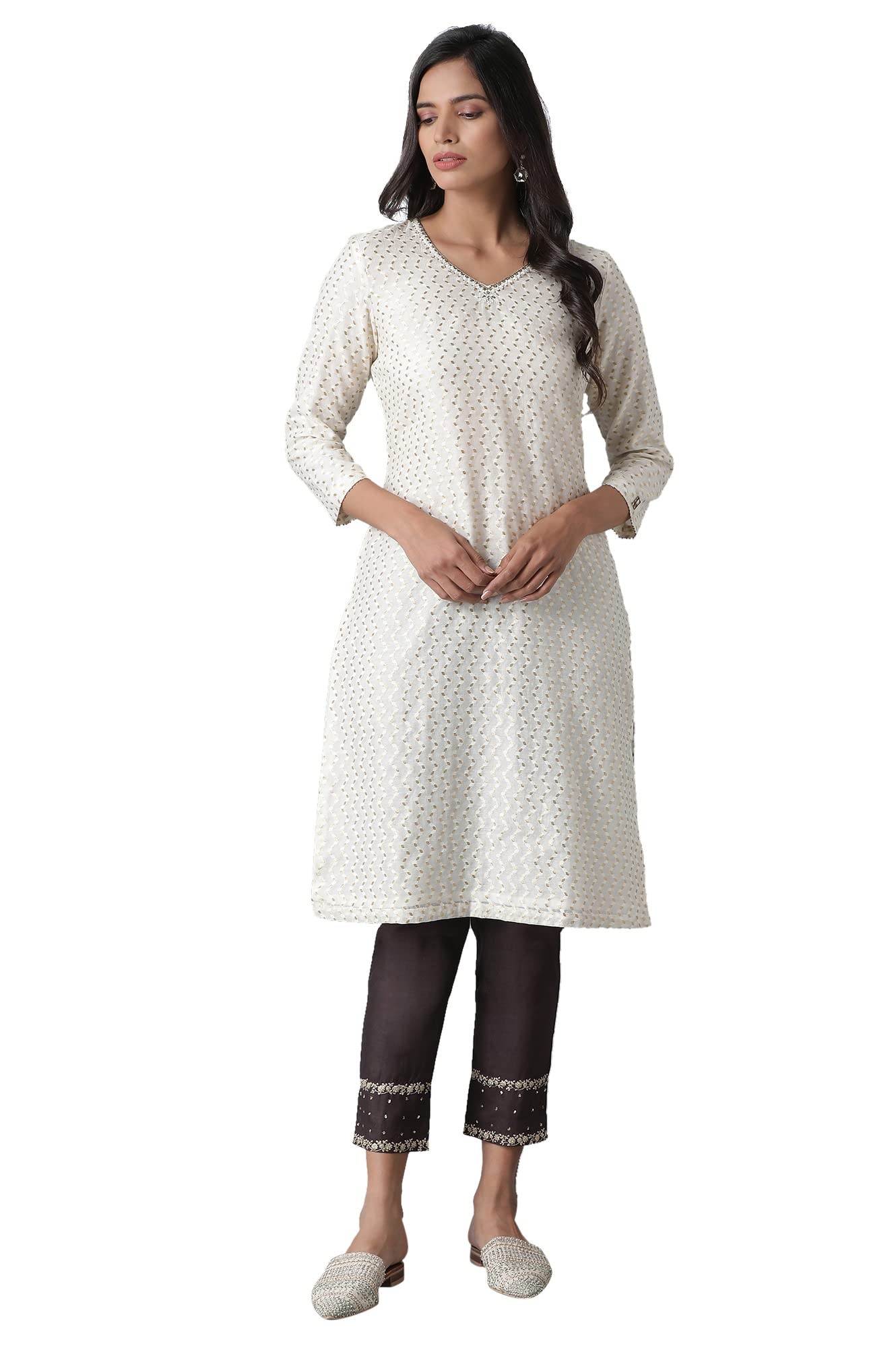 W For Woman Folksong By W V-Neck Kurta Y/D 42 L 3/4Th Slv White
