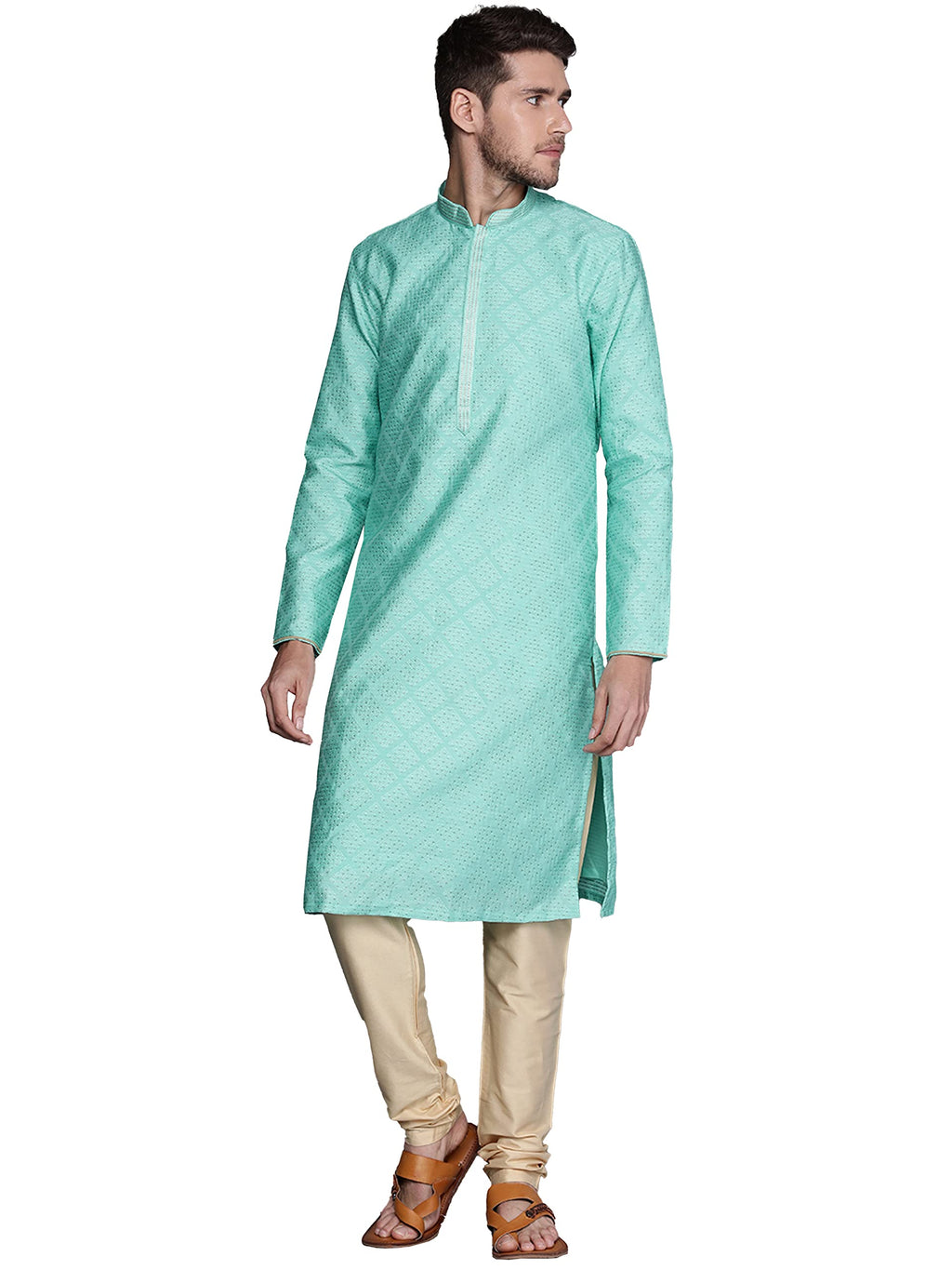Manyavar Kurta Set for Men, Full Sleeves Mandarin Collar Ethnic Kurta Sets For Engagement, Wedding, Party Solid Kurta Set Art Si
