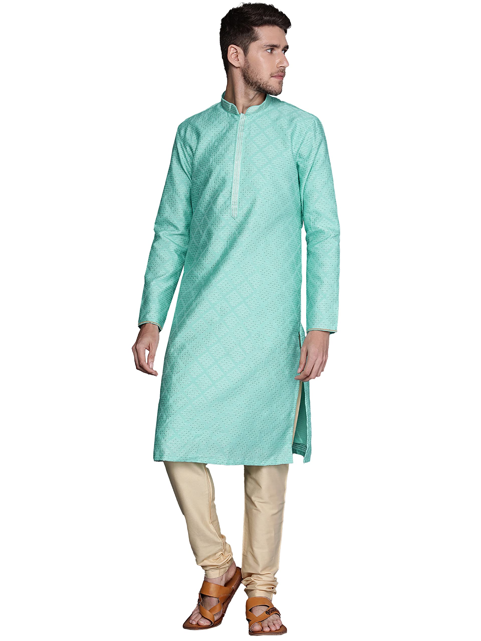 Manyavar Kurta Set for Men, Full Sleeves Mandarin Collar Ethnic Kurta Sets For Engagement, Wedding, Party Solid Kurta Set Art Si