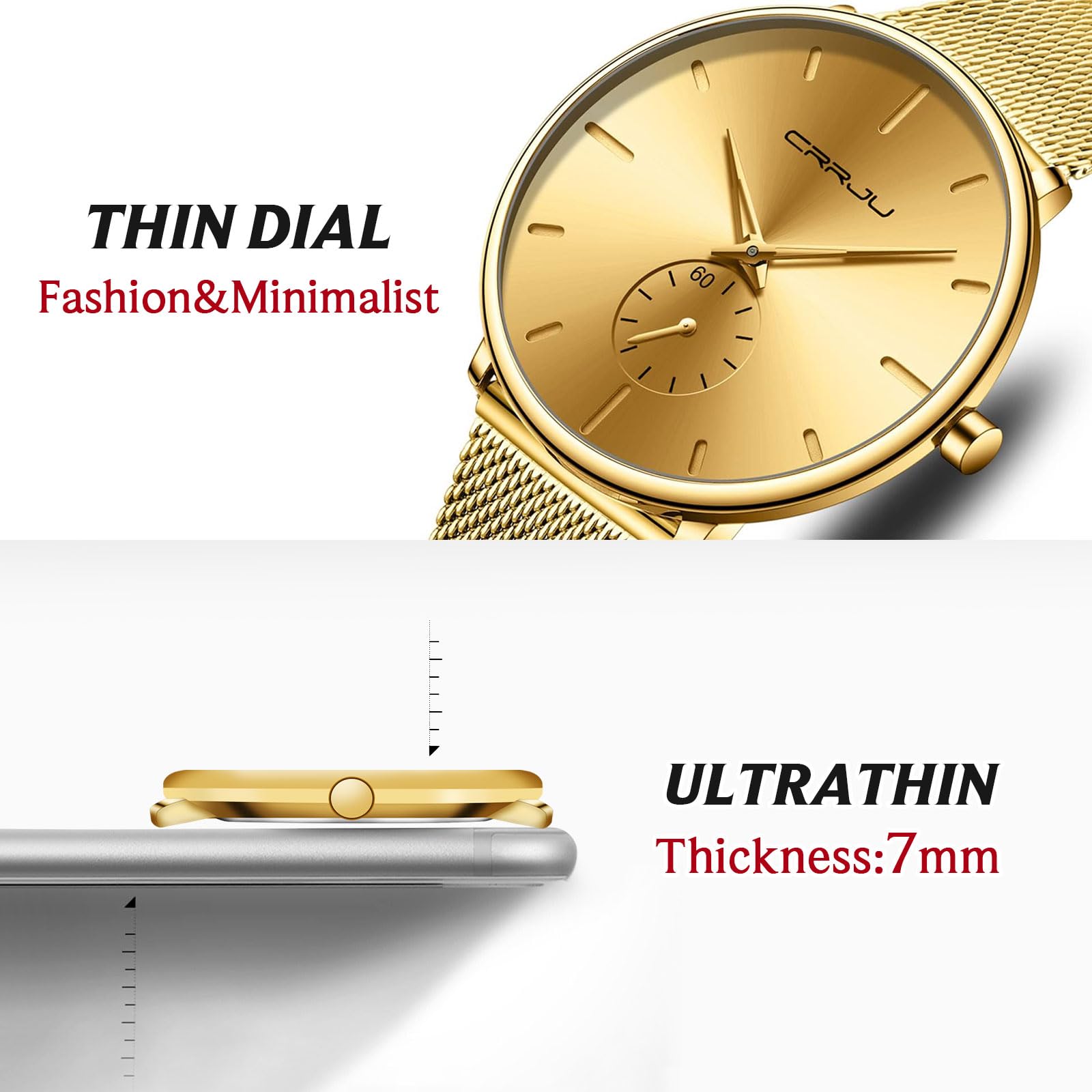 FIZILI Mens Watches Ultra-Thin Minimalist Waterproof-Fashion Wrist Watch for Men Unisex Dress with Stainless Steel Mesh Band-Ros