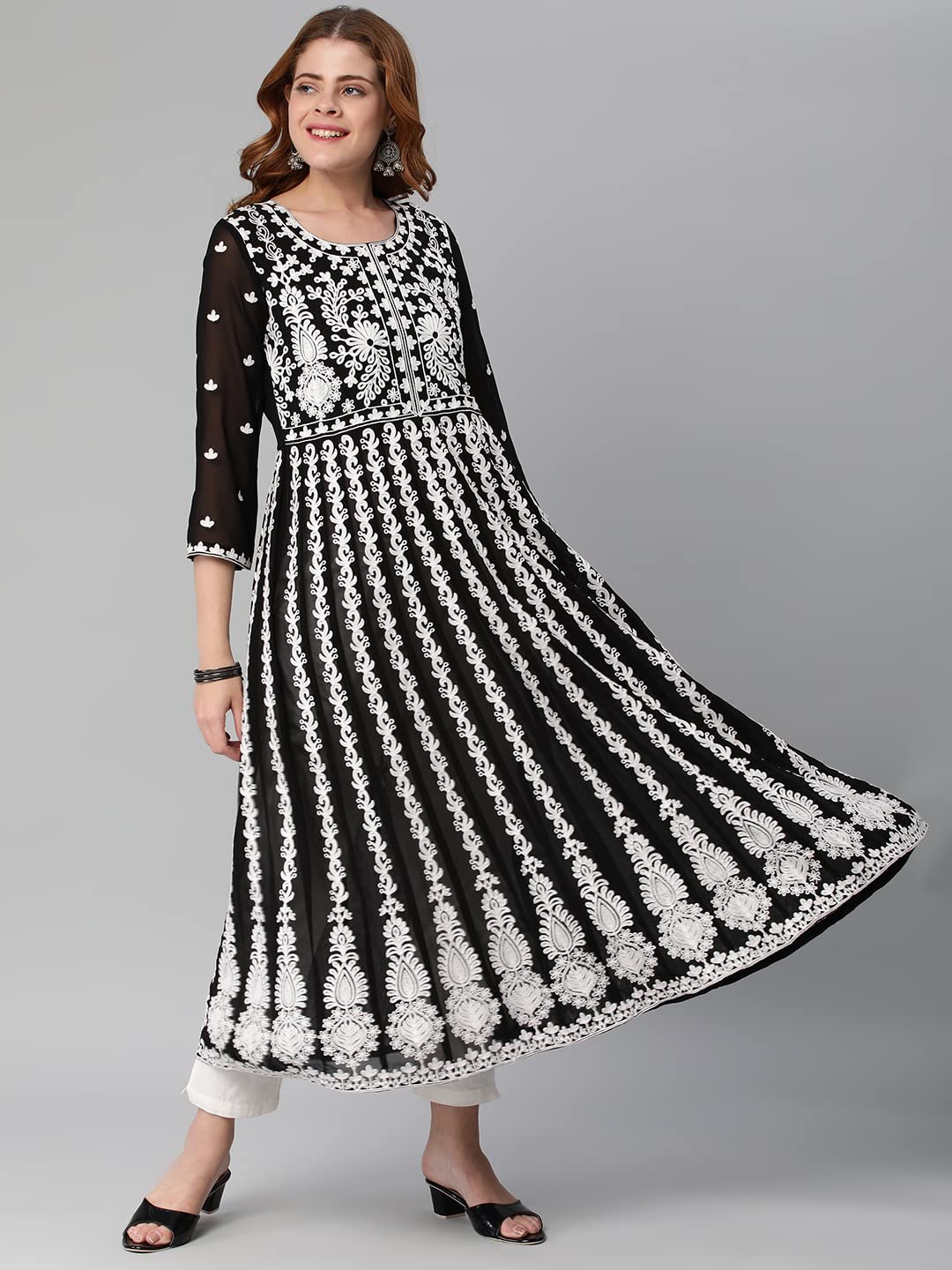 ANNI DESIGNER Anarkali Women s Kurta Georgette Regular Fit, Black, Large