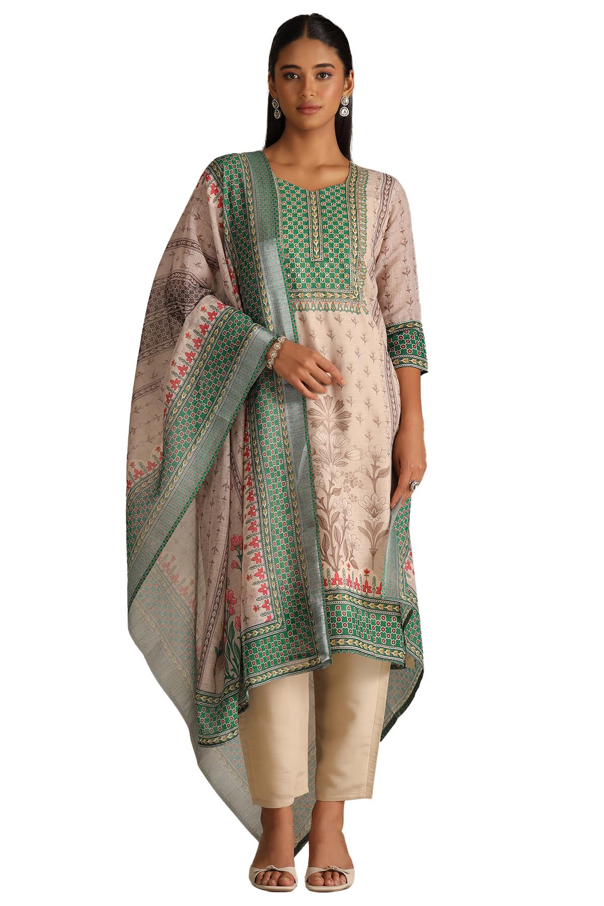 Soch Women Linen Botanical Print Suit Set with Mirror and Cutdana