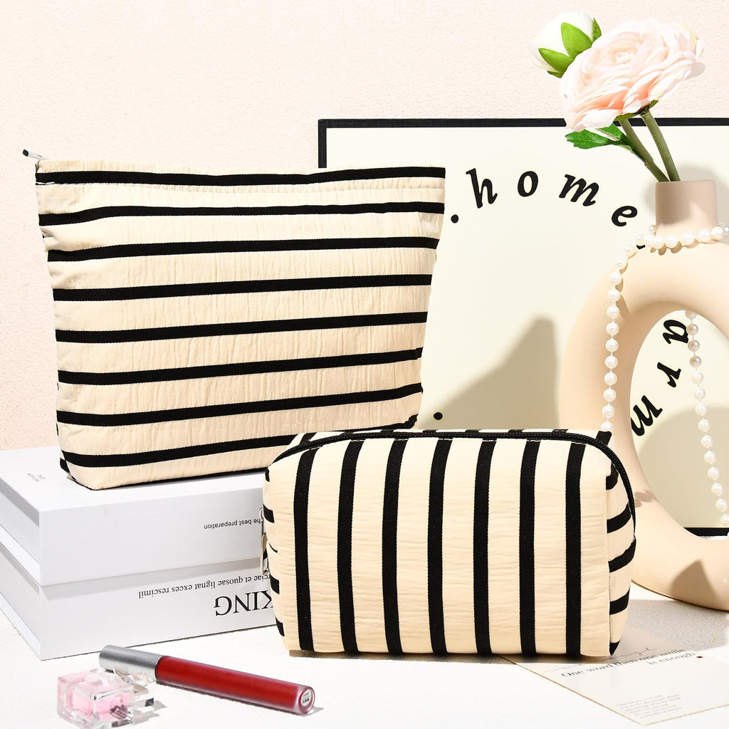 SOIDRAM 2 Pieces Makeup Bag Large Stripe Cosmetic Bag Capacity Canvas Mix Travel Toiletry Bag Organizer Cute Makeup Brushes Aest