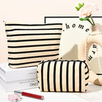 SOIDRAM 2 Pieces Makeup Bag Large Stripe Cosmetic Bag Capacity Canvas Mix Travel Toiletry Bag Organizer Cute Makeup Brushes Aest