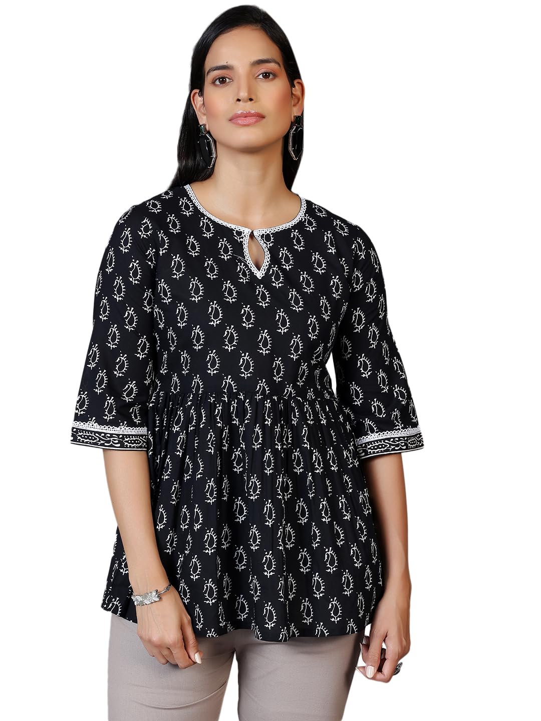 Libas WomenS Pure Cotton Printed A-Line Kurtis (26590_Black