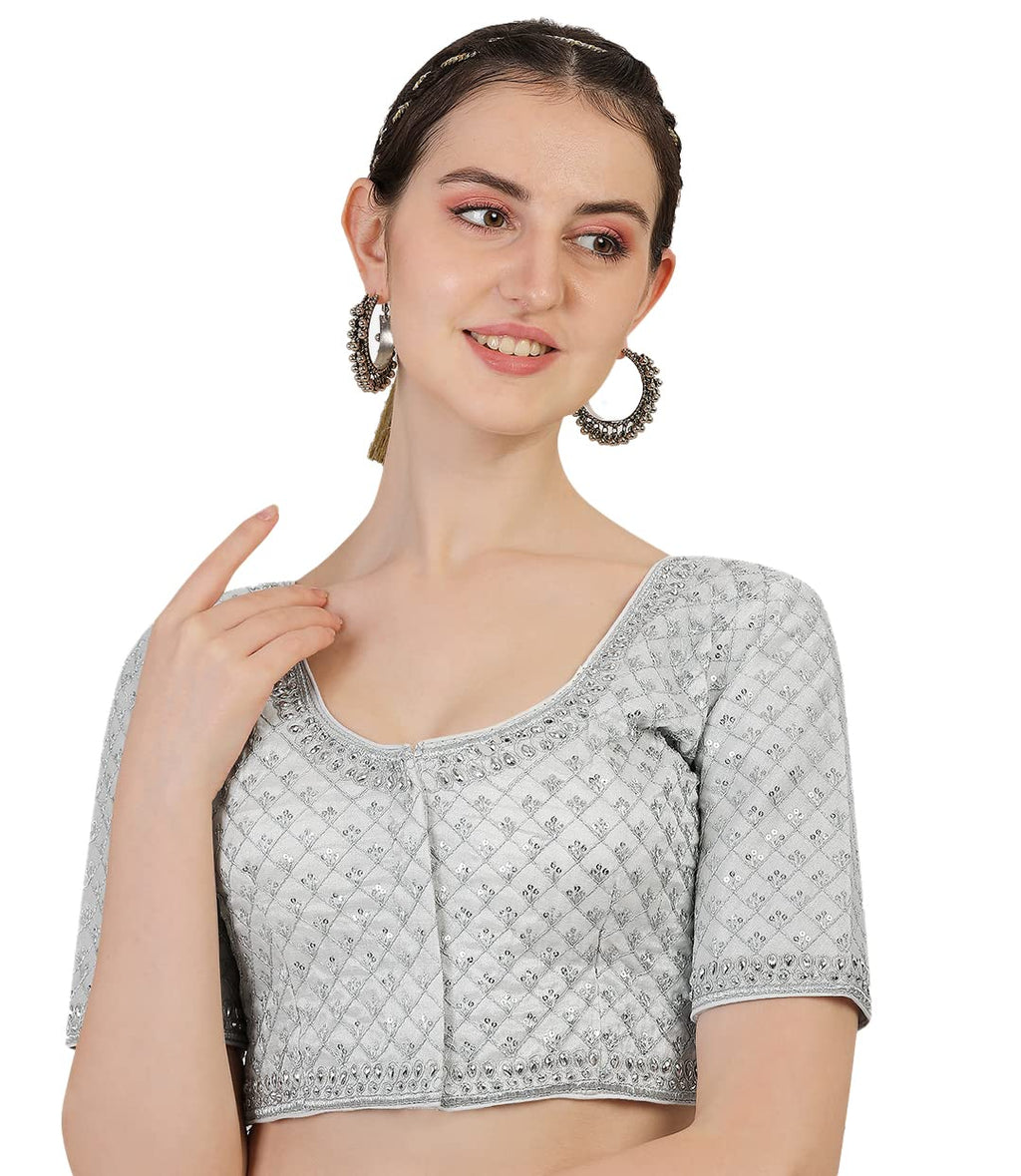 Pujia Mills Womens Heavy Silver Jari Thread Readymade Blouse for Saree Lehenga (White, 36)