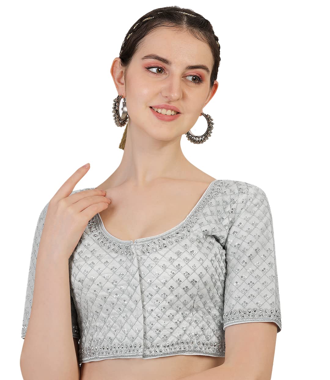 Pujia Mills Womens Heavy Silver Jari Thread Readymade Blouse for Saree Lehenga (White, 36)