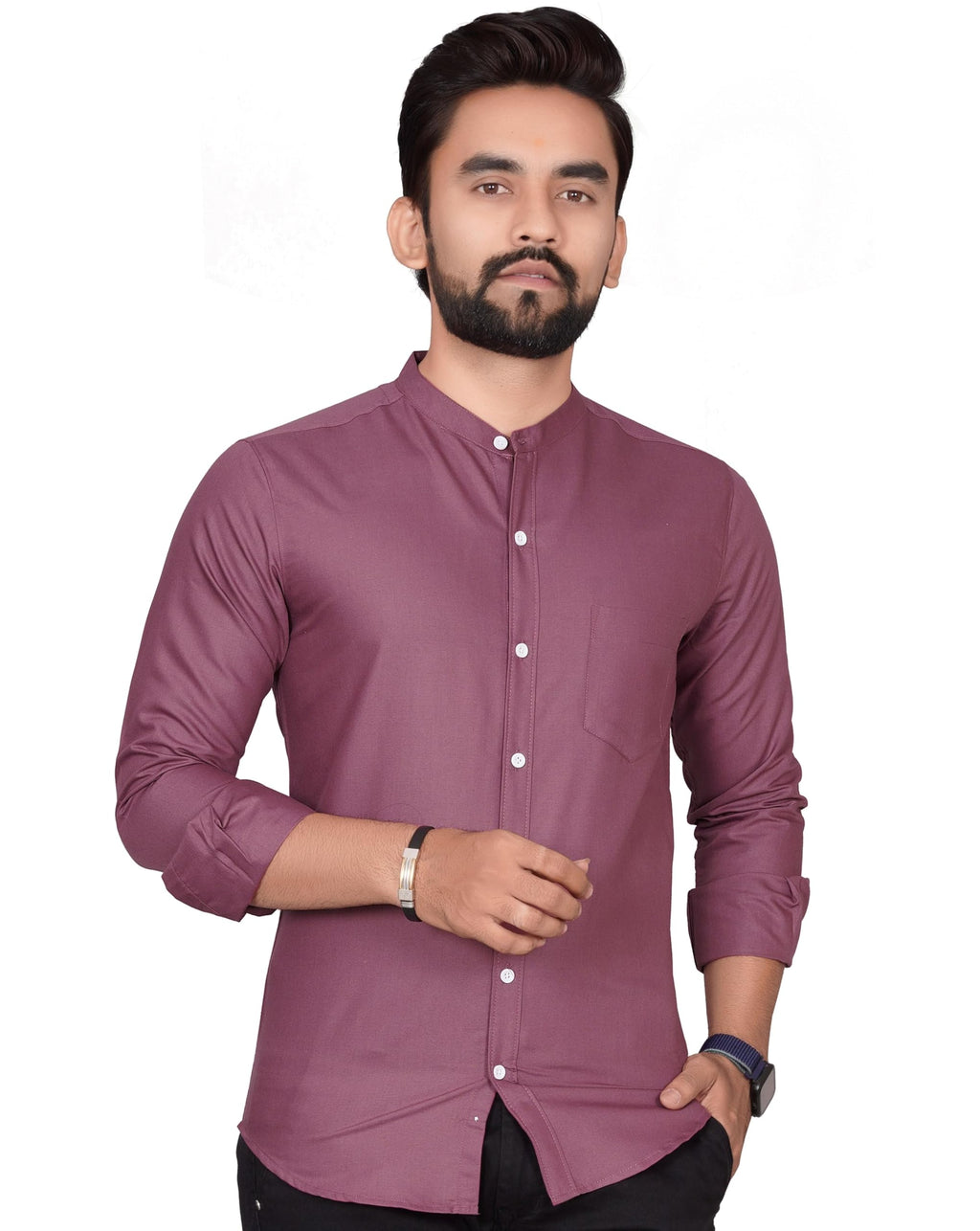 Besix MenS Regular Fit Solid Cotton Shirt | Chinese Collar | Casual | Plain | Branded | Mandarin Collar | Full Sleeve | Summer 