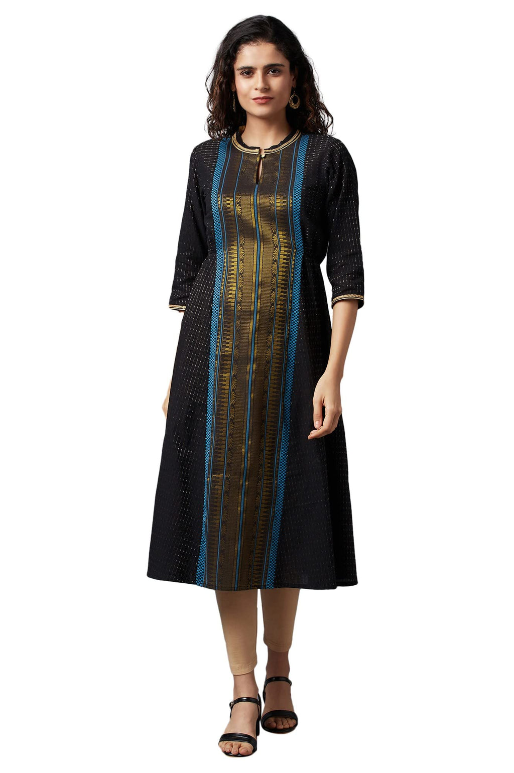 Aurelia WomenS Cotton Blend Stripes Regular Kurta (22Fea13161-702598_Jet Black_Xl)