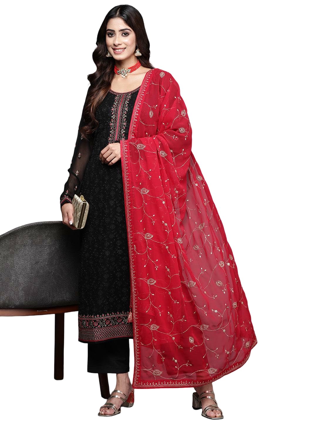 Libas Embroidered Georgette Straight Kurta With Trousers and Dupatta-48085-3XL