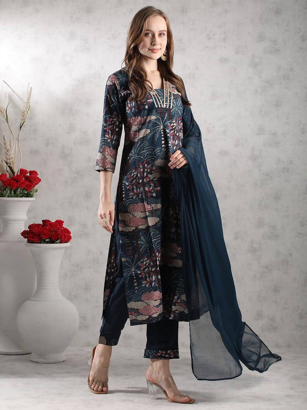 ANNI DESIGNER Women s Printed Rayon Blend Kurta with Pants and Dupatta, Blue, S