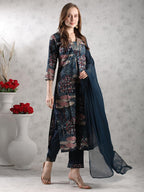 ANNI DESIGNER Women s Printed Rayon Blend Kurta with Pants and Dupatta, Blue, S