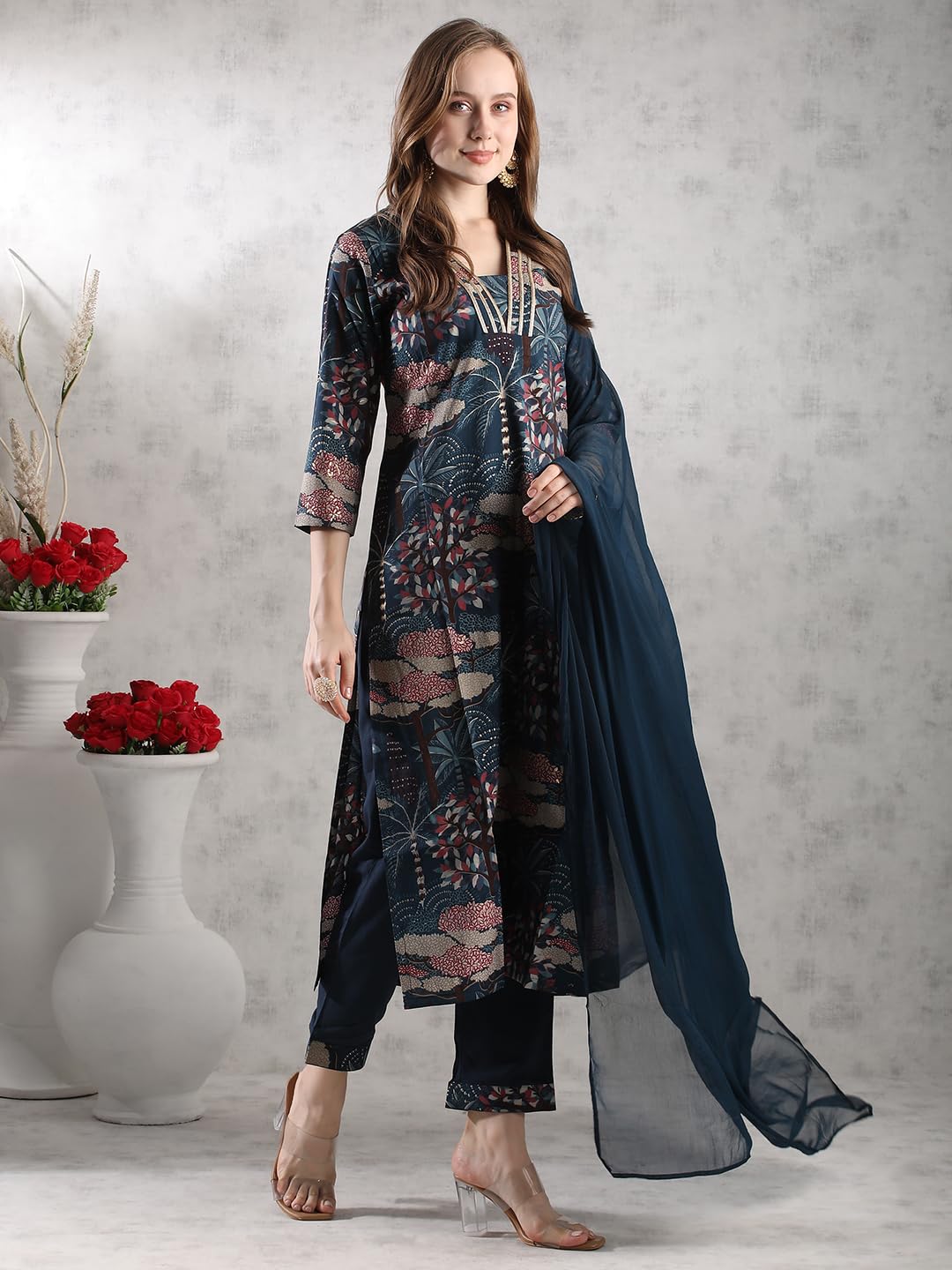 ANNI DESIGNER Women s Printed Rayon Blend Kurta with Pants and Dupatta, Blue, S