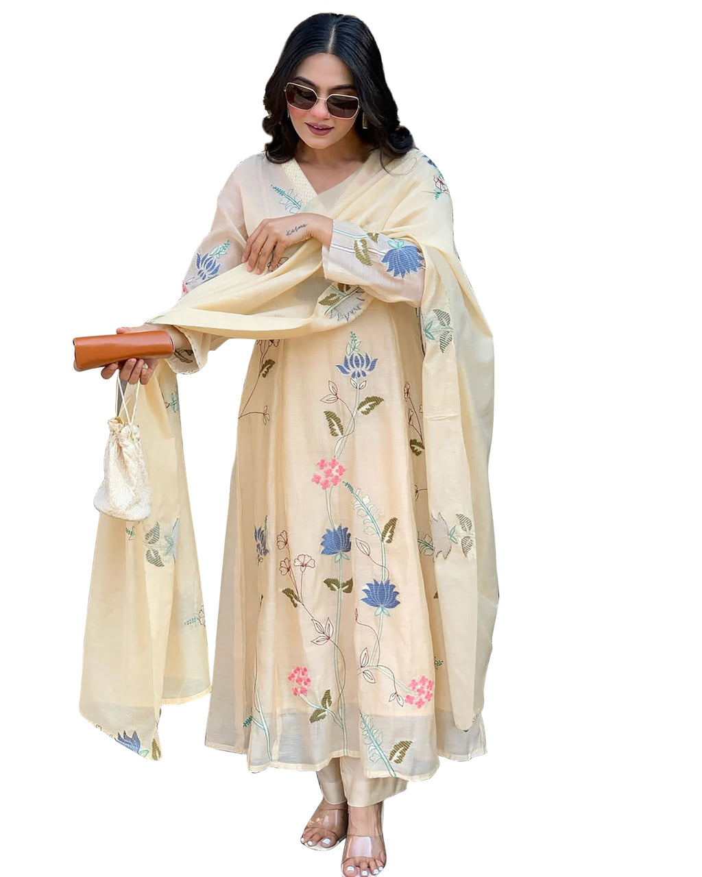 Toochki Women'S Muslin Anarkali Embroidered With Printed Kurta With Palazzo And Dupatta Beige
