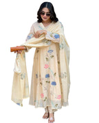 Toochki Womens Muslin Anarkali Embroidered with Printed Kurta with Palazzo and Dupatta Beige