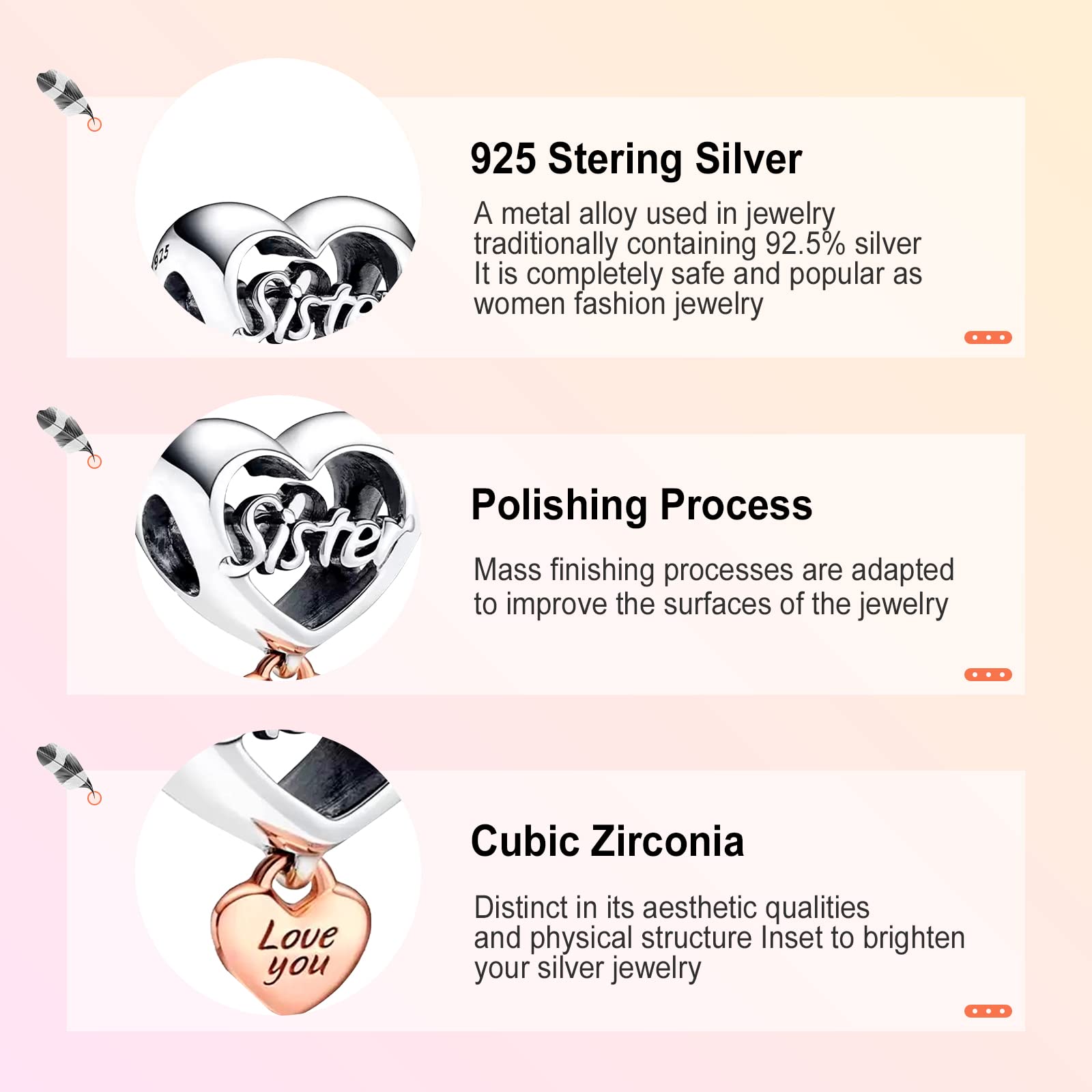 Annmors Forever Sister Love Heart Dangle Charm-925 Sterling Silver Love Sister Dangle fit European Bracelet&Necklace,Christmas H