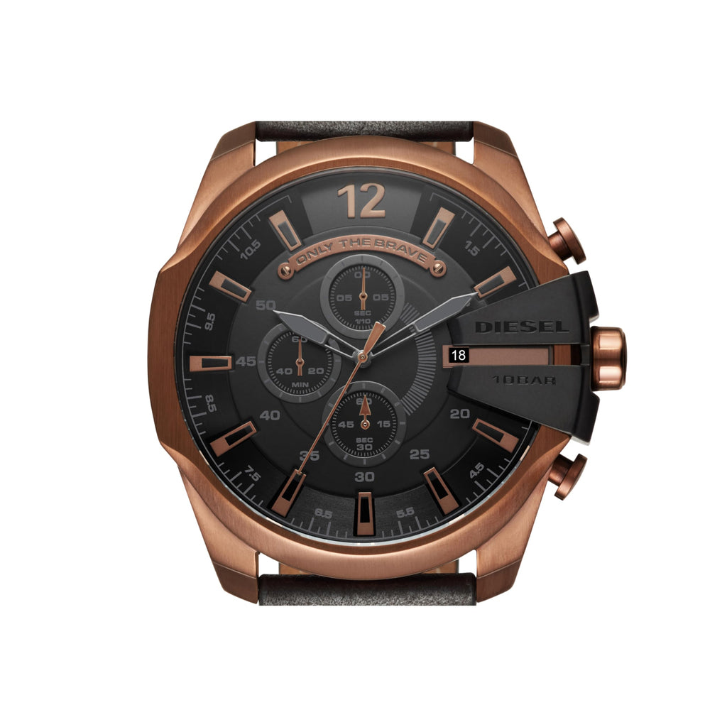 Diesel Mega Chief Stainless Steel and Leather Chronograph Men's Watch, Color: Rose Gold, Black (Model: DZ4459)