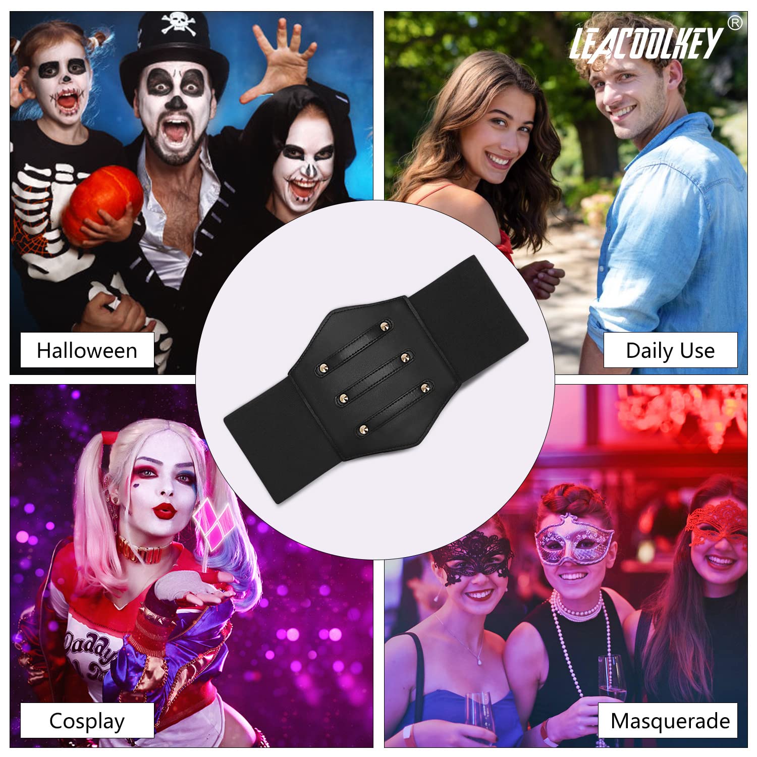 LEACOOLKEY Women Black Corset Waist Belt, Gold Rivet Corset Elastic Belt, Obi Belt for Women for Dress, Halloween Accessories