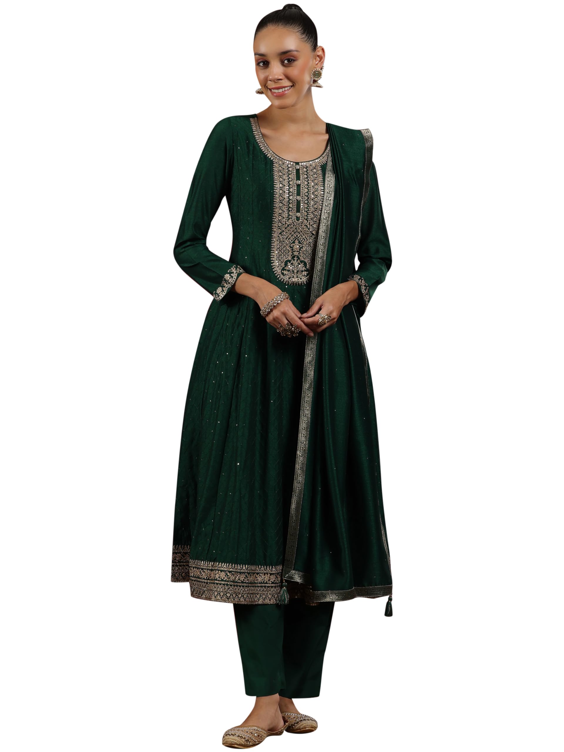 Libas Art Womens Embroidered Silk Blend A-Line Kurta With Trousers and Dupatta