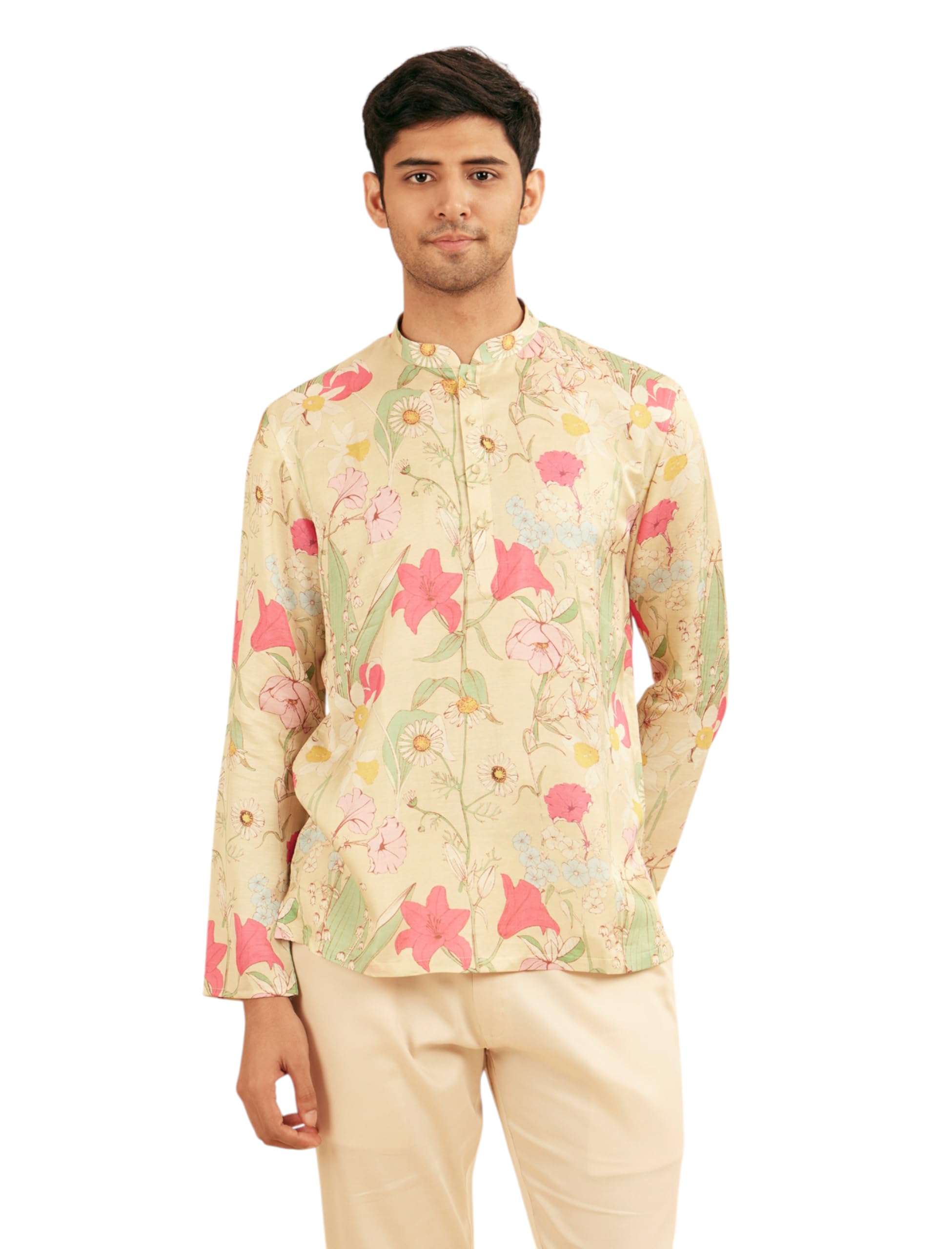 Manyavar Mens Satin Spring Floral Printed Short Kurta (Pista Green,XL)
