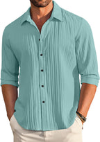 Finivo Fashion MenS Casual Cotton Plain Button Down Shirt Long Sleeve Textured Summer Beach Shirt For Men Turquoise