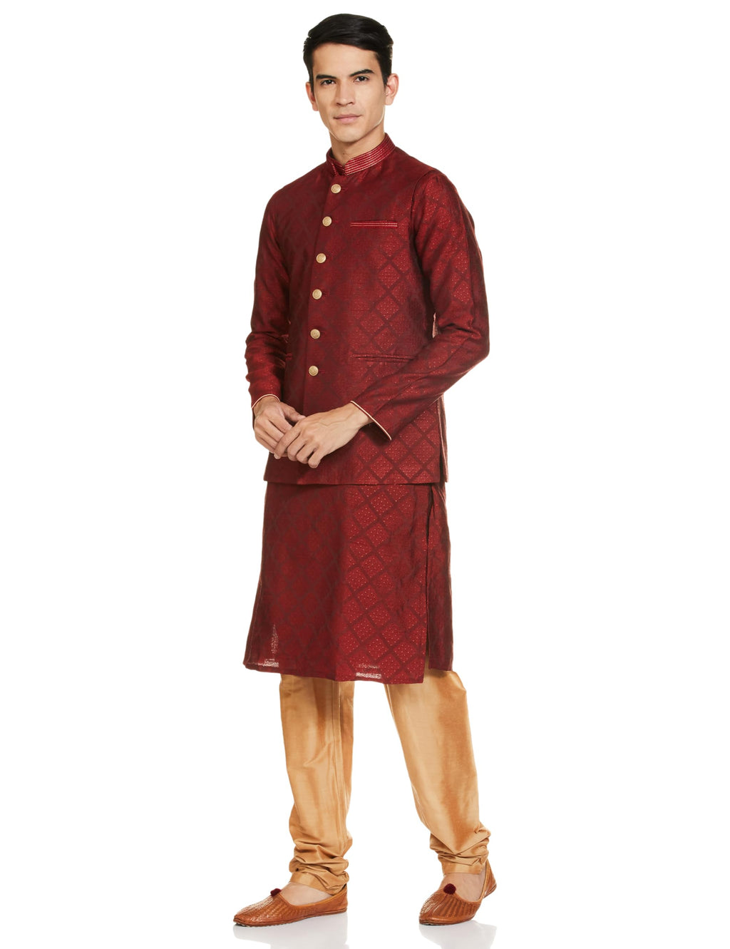 Manyavar Kurta Jacket Set With Payjama For Men, Full Sleeves Mandarin Collar Ethnic Wear Jacket Set For Festival, Wedding, Party