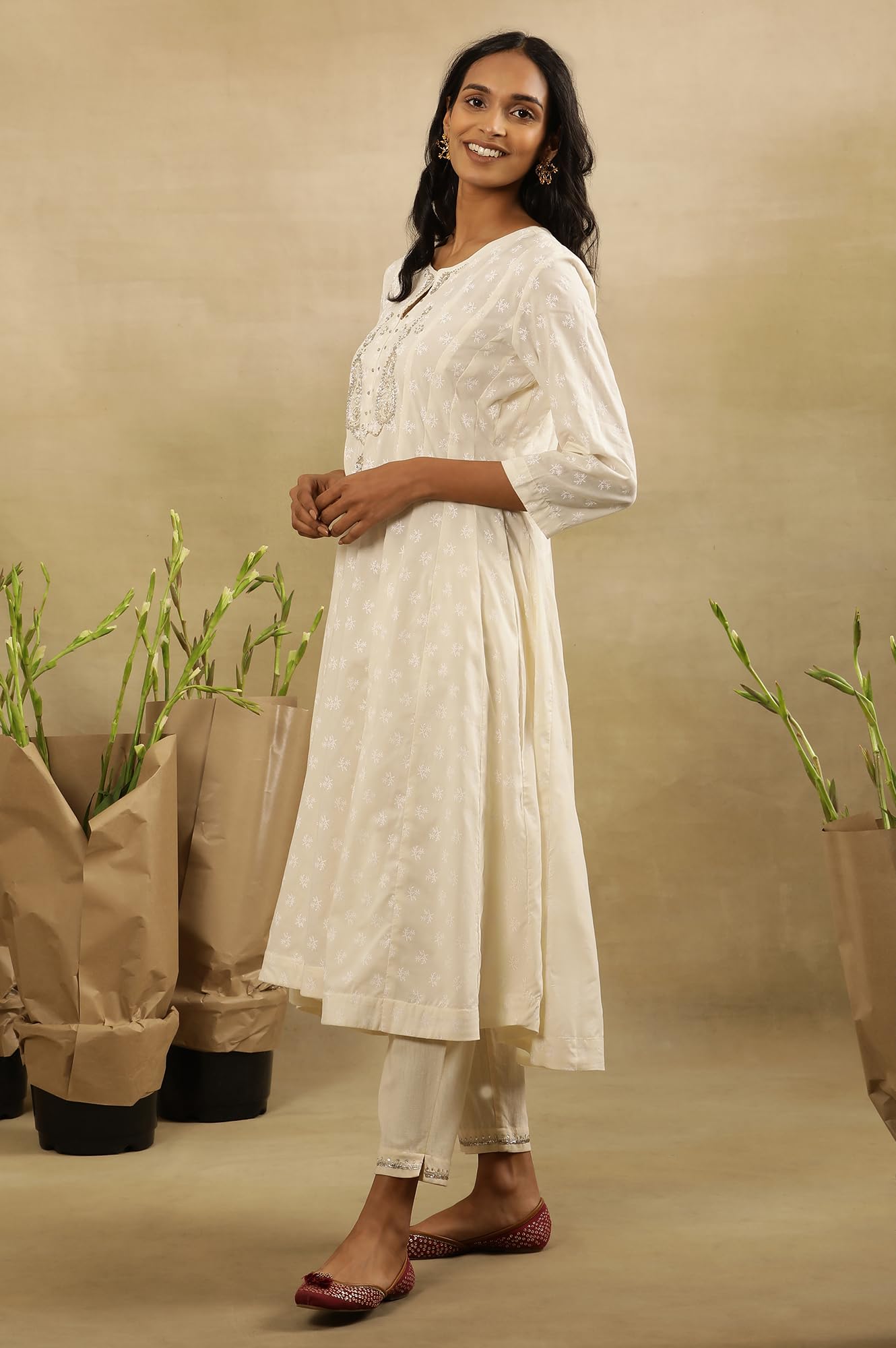 Folksong By W Women White Festive Solid Cotton Flared Kurta