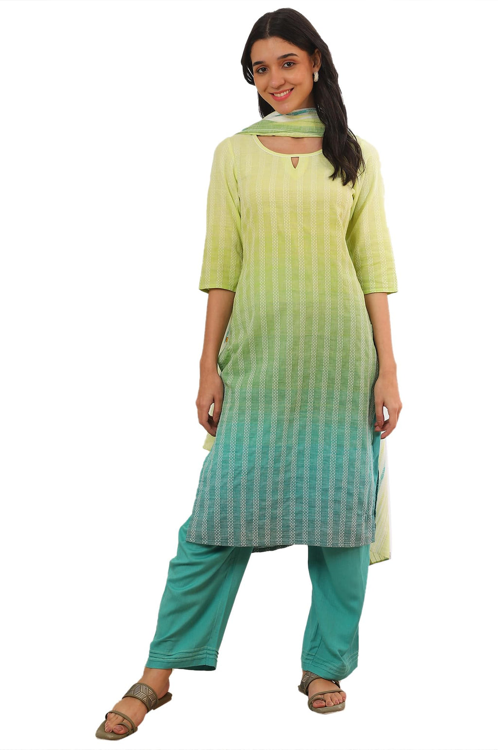 Aurelia Women'S Green Yarn Dyed Pure Cotton Straight Kurta With Palazzo & Dupatta Set (Size: 2Xl)-As15549-704830