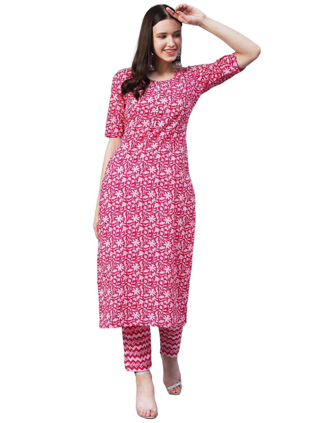 Gosriki Women'S Cotton Blend Printed Straight Kurta With Pant (Azrak-Pink-Gs_Xxl_Pink_Xx-Large)