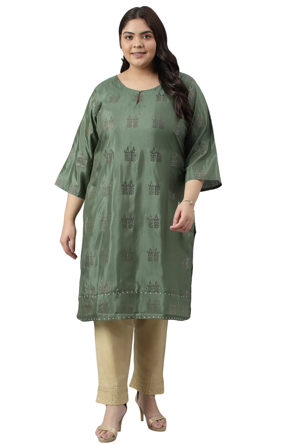 W For Woman Green Shantung Plus Size Kurta With Mukaish Print_22Auw19187G-119290_5Xl