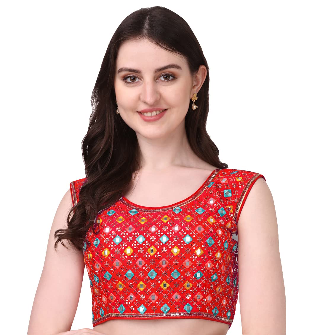 Pujia Mills WomenS Silk Embroidery Foil Work Sleeveless Readymade Saree Blouse