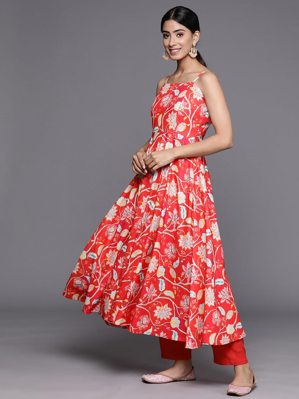 Varanga Women Red Floral Printed Anarkali Kurta Paired With Tonal Bottom And Dupatta