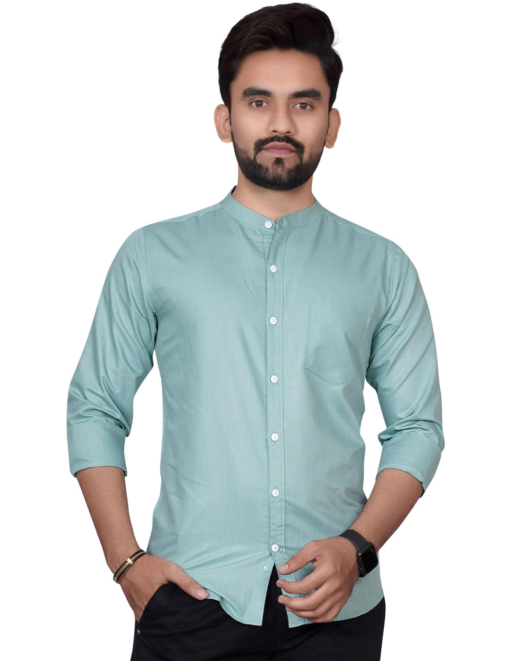 Besix MenS Regular Fit Solid Cotton Shirt | Chinese Collar | Casual | Plain | Branded | Mandarin Collar | Full Sleeve | Summer 