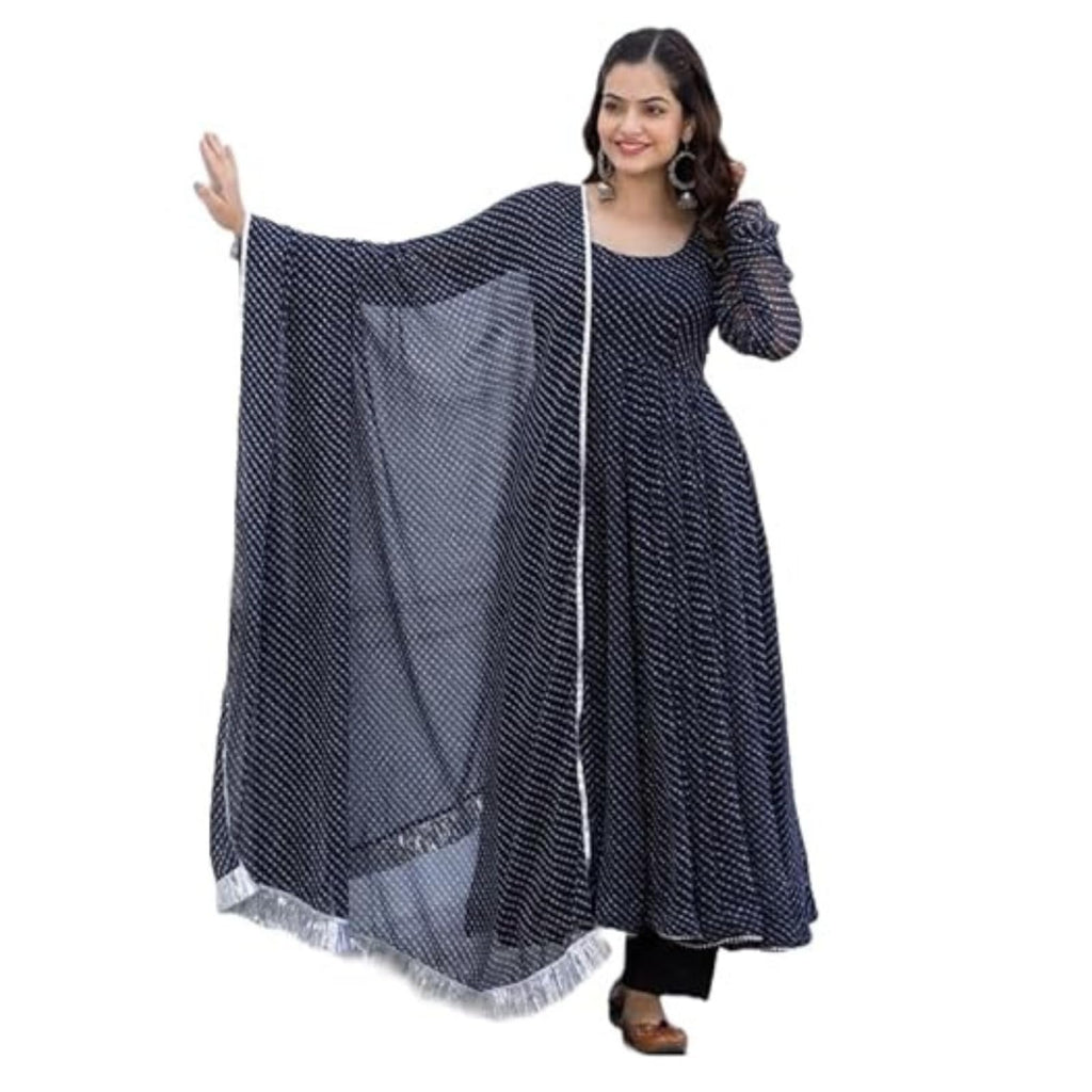 Modestouze Attires WomenS Georgette Anarkali Kurti Pants Dupatta Sets With Floral Printed Calf Length Round Neck And Long Sleev