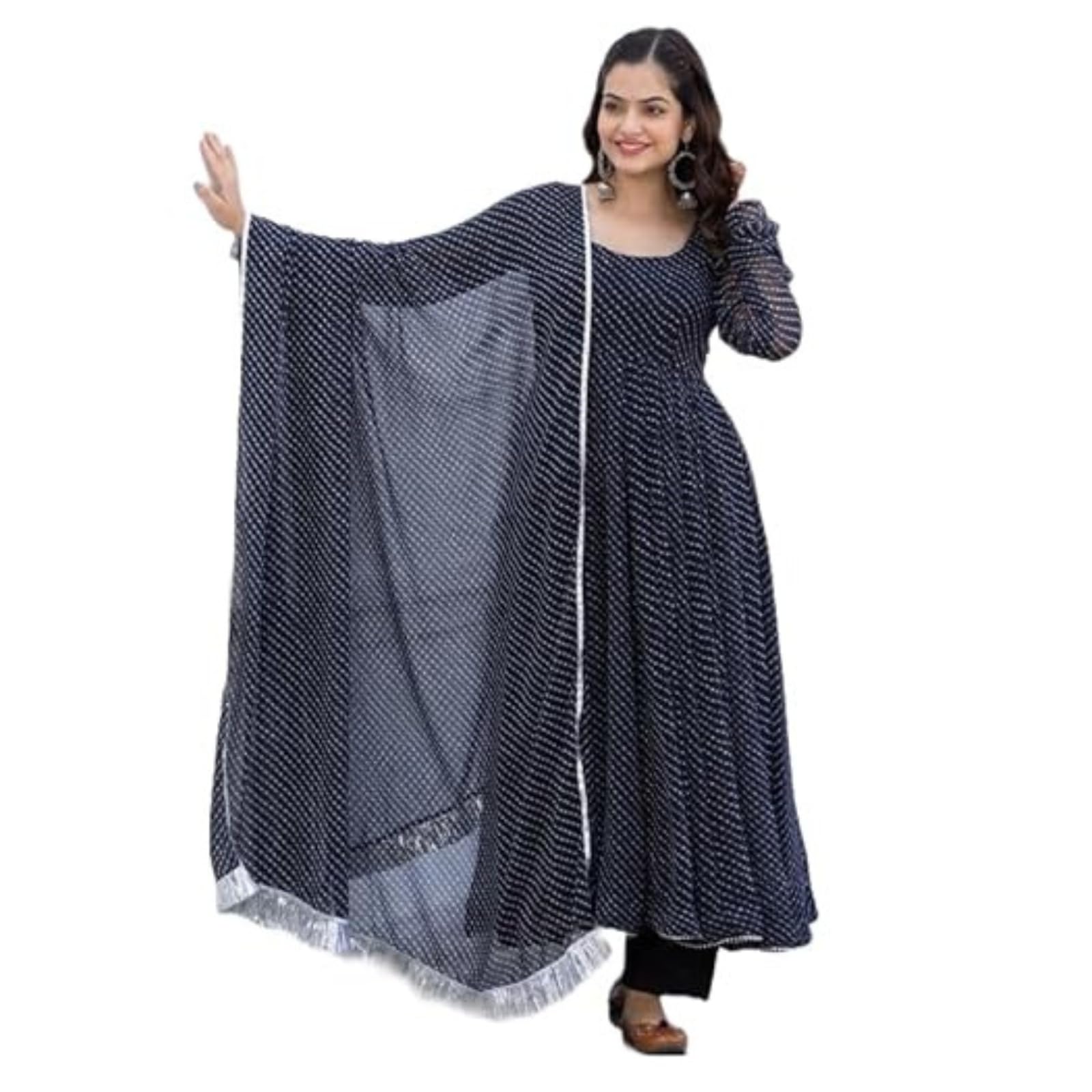 Modestouze Attires WomenS Georgette Anarkali Kurti Pants Dupatta Sets With Floral Printed Calf Length Round Neck And Long Sleev