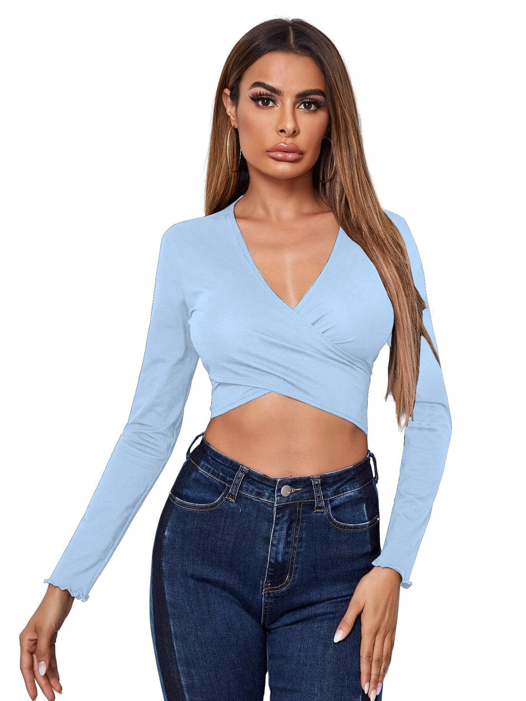 AVANOVA Womens & Girls Sky Blue Full Sleeve, V-Neck, Ruched Bust Solid Tops for Women/Tops, T-Shirts for Girls (TOP 64 Sky Blu