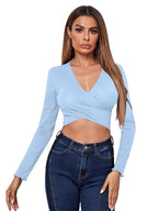 AVANOVA Womens & Girls Sky Blue Full Sleeve, V-Neck, Ruched Bust Solid Tops for Women/Tops, T-Shirts for Girls (TOP 64 Sky Blu