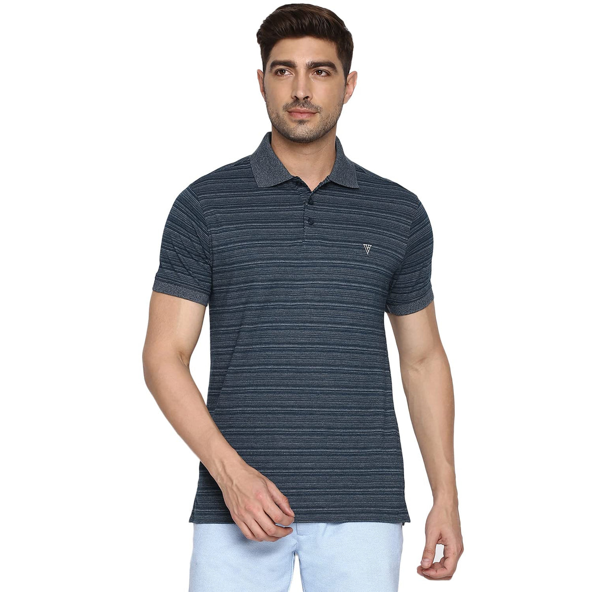 Van Heusen Athleisure Men Polo TShirt  Cotton Rich  Regular Fit Ultra Soft, Short Sleeve, Heathered_60043_Teal_Small