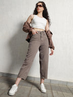Hubberholme Women Summer Cotton Slim Fit High-Rise Smart Casual Jeans 136 Beige